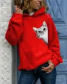 Women's Red Hooded Sweatshirt Long Sleeve Pullover Cute Cat Print Casual Daily Tops - Red