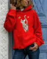 Red long sleeve hooded sweatshirt for women with artistic cat print, casual pullover top. - Red