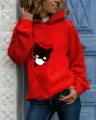 Dames casual lang arm met capuchon sweatshirt met schattige kattenprint, comfortabel en stijlvol. - S / Tops / Rood