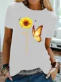 Dames casual ronde hals korte mouw T-shirt met zonnebloem en vlinder print detail weergave. - S / Tops / Rood