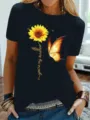 Dames korte mouwen t-shirt met zonnebloem en vlinder print, casual top voor dagelijks gebruik. - S / Tops / Marineblauw