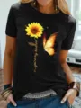 Zwart t-shirt met korte mouwen en zonnebloem vlinder print casual zomertop voor dames - S / Tops / Zwart