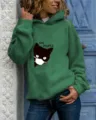 Green women hoodie casual long sleeve pullover cute cat graphic hooded sweatshirt streetwear. - Green