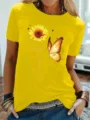 Dames geel korte mouw t-shirt met zonnebloem en vlinder grafische print casual top. - S / Tops / Geel