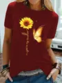 Dames casual korte mouw t-shirt met zonnebloem vlinder print, comfortabele dagelijkse mode. - S / Tops / Bordeauxrood