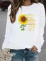 Sweatshirt blanc pour femme à manches longues et col rond, motif de tournesol et texte inspirant. - S / Hauts / Blanc