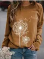 Casual women long sleeve crewneck sweatshirt featuring a beautiful white dandelion print design. - Khaki