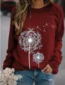 Casual loose long sleeve crewneck sweatshirt with elegant white dandelion print design. - Burgundy