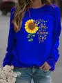 Sweat-shirt à manches longues bleu roi pour femme avec imprimé tournesol et citation. - Bleu Saphir