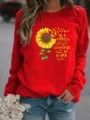 Sweat-shirt rouge à col rond avec graphique tournesol et design de texte familial doux. - S / Hauts / Rouge