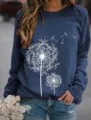 Casual loose long sleeve crewneck sweatshirt featuring white dandelion print design for women - Blue