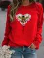 Damen rotes Langarm Sweatshirt mit Biene und Blumen Herz Druck fur Alltag Freizeit Fashion. - S / Oberteile / Rot