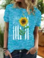 Women blue heathered short sleeve t-shirt with sunflower american flag graphic print top - Bright Blue