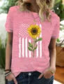 Women heather pink short sleeve t-shirt featuring sunflower and flag graphic design casual top. - S / Tops / Pink
