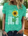Green heather short sleeve t-shirt with sunflower and flag graphic print for women casual daily wear. - S / Tops / Green