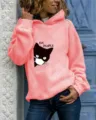 Women's Long Sleeve Hooded Sweatshirt Casual Cute Cat Print Pullover Pink Hoodie Top - Pink