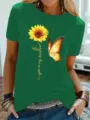 Groene korte mouwen dames T-shirt met zonnebloem en vlinder print, casual zomertop. - S / Tops / Groen
