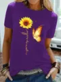 Dames paars korte mouw t-shirt zonnebloem vlinder print casual ronde hals top - S / Tops / Paars