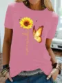 Casual dames T-shirt in roze met zonnebloem vlinder print en schattig gedrukt tekstontwerp. - S / Tops / Roze