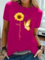 Dames casual fuchsia korte mouw t-shirt met zonnebloem en vlinder print top! - S / Tops / Rozerood