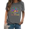 Detail view of colorful daisy flower graphic and motivational text print on grey short sleeve tee. - S / Tops / Gray
