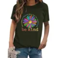 Casual women's dark green short-sleeve T-shirt with colorful daisy graphic print main - S / Tops / Army Green