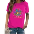 Women casual round neck short sleeve bright pink t-shirt with colorful daisy print. - S / Tops / Rose Red