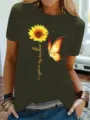 Dames casual korte mouw t-shirt met ronde hals en mooie zonnebloem vlinder print top - S / Tops / Legergroen