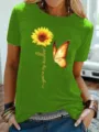 Dames Groen Korte Mouw T-Shirt Zonnebloem Vlinder Print Casual Ronde Hals Top Mode - S / Tops / Fluorescerend Groen