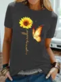 Dames casual korte mouw crewneck t-shirt met zonnebloem en vlinder print graphic. - S / Tops / donkergrijs