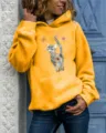 Women long sleeve casual hooded sweatshirt with cute artistic cat graphic print detail. - S / Tops / Yellow