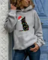 Detailed view of women's grey hoodie featuring a festive Christmas black cat graphic print. - S / Tops / Grey Hooded