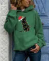 Women's green long sleeve Christmas black cat graphic print pullover hoodie top - Green Hooded