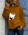 Vista dettagliata felpa con cappuccio donna manica lunga con stampa gatto carina e vestibilità. - Taglia L / Top / Kaki