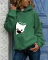 Felpa verde con cappuccio e maniche lunghe e stampa gatto, comodo capo quotidiano. - Verde