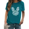 Details of the women casual round neck short sleeve tee featuring festive Easter bunny graphic. - S / Tops / Bright Blue