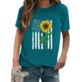Dark teal short sleeve t-shirt featuring an American flag sunflower graphic print detail. - S / Tops / Royal Blue