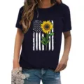 Dark blue short sleeve t-shirt featuring American flag sunflower graphic print for women casual daily wear. - S / Tops / Navy Blue