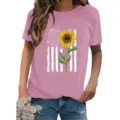 Women casual short sleeve T-shirt with sunflower and American flag print round neck top. - Pink