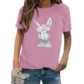 Damen rosa kurzarm t-shirt mit süßem skizze hase blumenkranz grafik lässiges oberteil. - Rosa