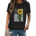 Women casual short sleeve T-shirt with American flag sunflower graphic print black top - Black
