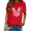 Red short sleeve t-shirt featuring a cute Easter bunny graphic print. Detail view. - S / Tops / Red