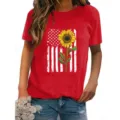 Women's Short Sleeve T-Shirt Sunflower American Flag Print Casual Summer Red Top Apparel - Red