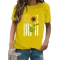 Women yellow short sleeve t-shirt with American flag sunflower graphic casual crewneck top - Yellow