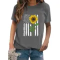 Close-up detail of the grey short sleeve t-shirt featuring American flag sunflower print. - Gray