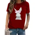 Damen Lässiges Rundhals Kurzarm T-Shirt mit süßem Kaninchen Blumen Grafik Druck Top - Burgunderrot
