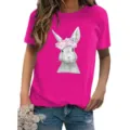 Damen hot pink Kurzarm T-Shirt mit süßem Hasen Blumenkranz Grafikdruck lässiges Oberteil. - Fuchsia