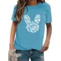 Detailed view of casual light blue short sleeve t-shirt featuring cute Easter bunny graphic print. - S / Tops / Light Blue