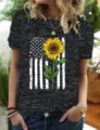 Casual Women's Heather Grey Short Sleeve T-Shirt with Sunflower US Flag Graphic Print - Dark Gray