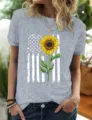 Heather Grey Sunflower American Flag Print Short Sleeve T-Shirt Casual Top Variant - Grayish White